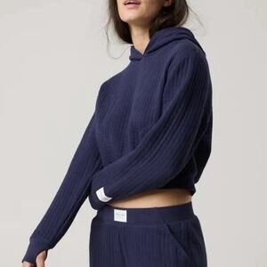 Offline by Aerie Women XL Coffee Run Cotton Cropped Navy Blue Hoodie Thumb Hole